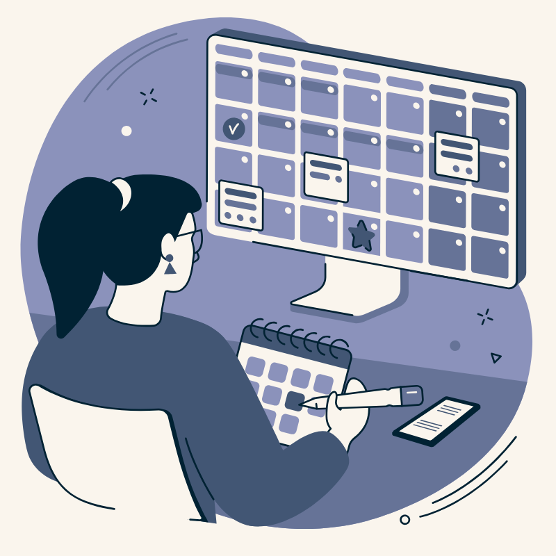 A graphic of a person sat at a computer with their calendar open.