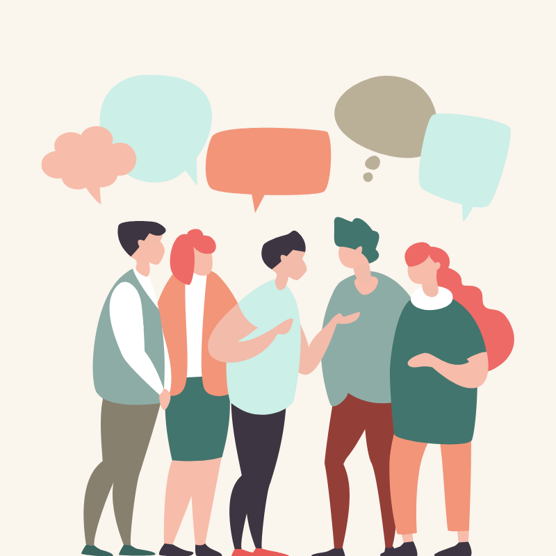 A graphic of a group of people talking, with speech bubbles above their heads.