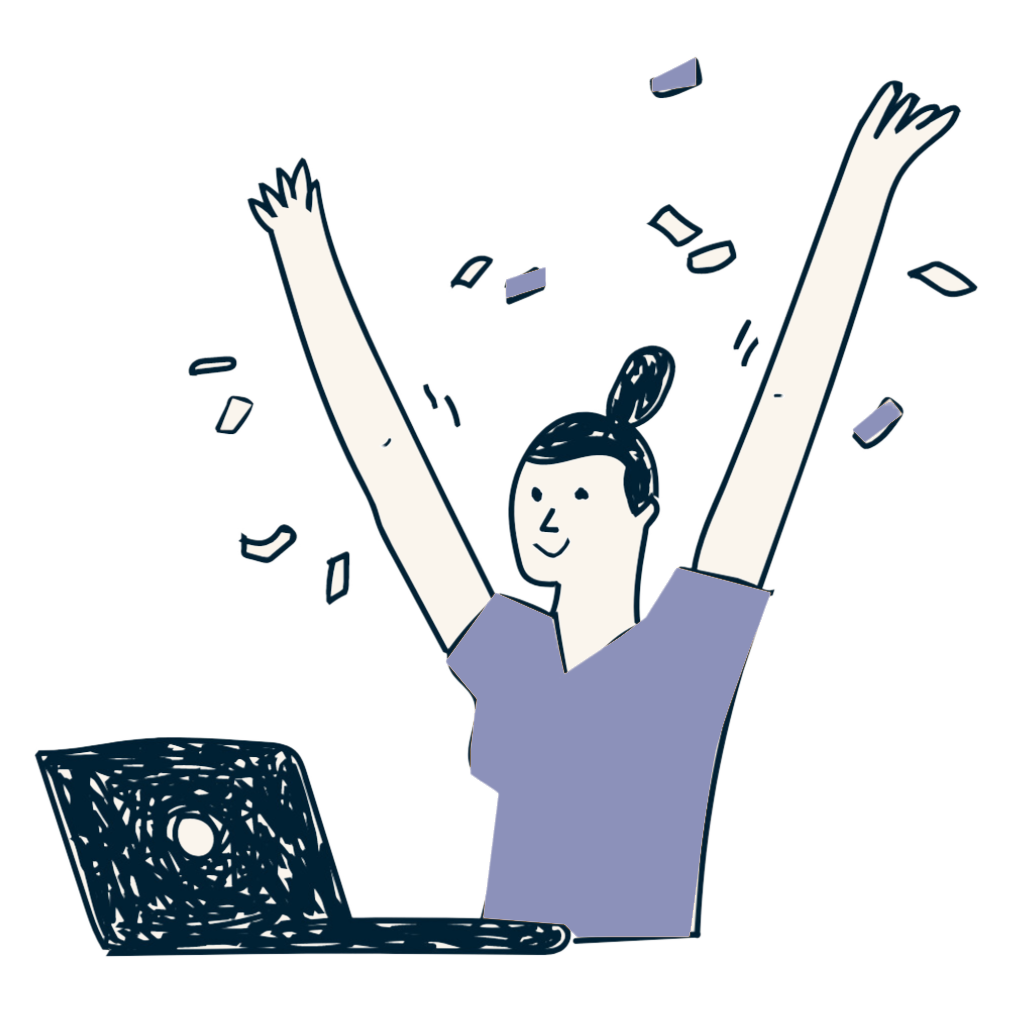 A graphic of a person sat at a laptop cheering