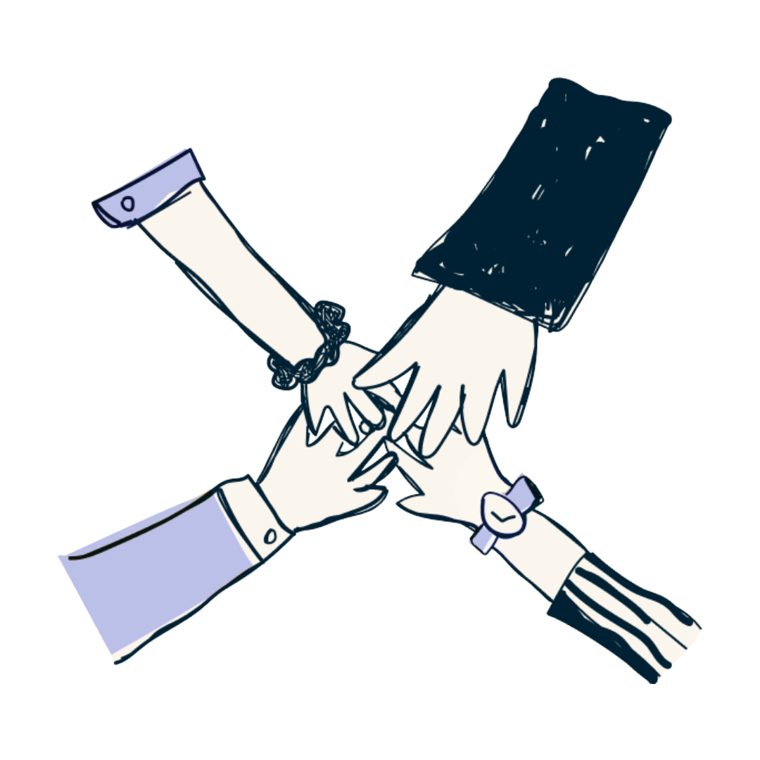 A graphic of four hands all outstretched and meeting in the middle